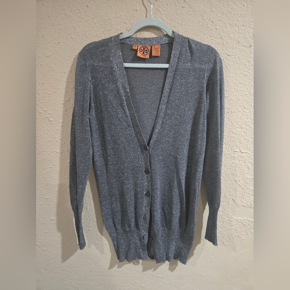 Tory Burch Metallic Silver Cardigan, Size Small